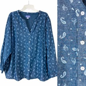 EUC Paisley Print Long Sleeve Denim Tunic Top